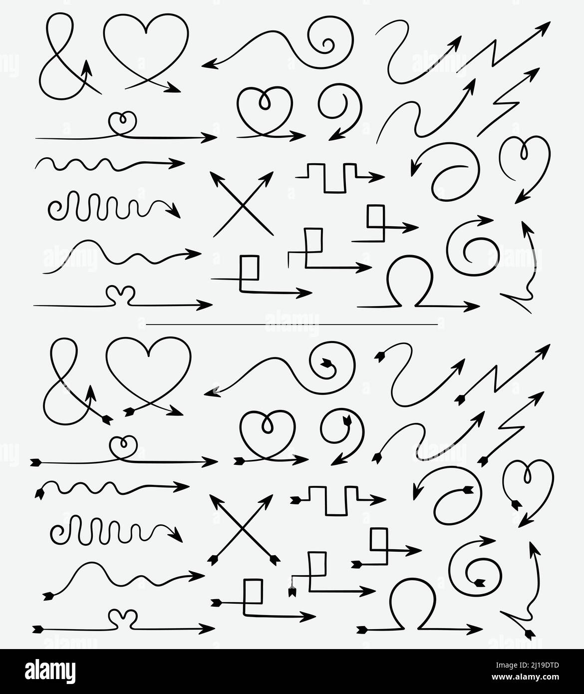 Set of vector, hand drawn, doodle arrows. Collection of swirling, heart and other shaped arrows. Stock Vector