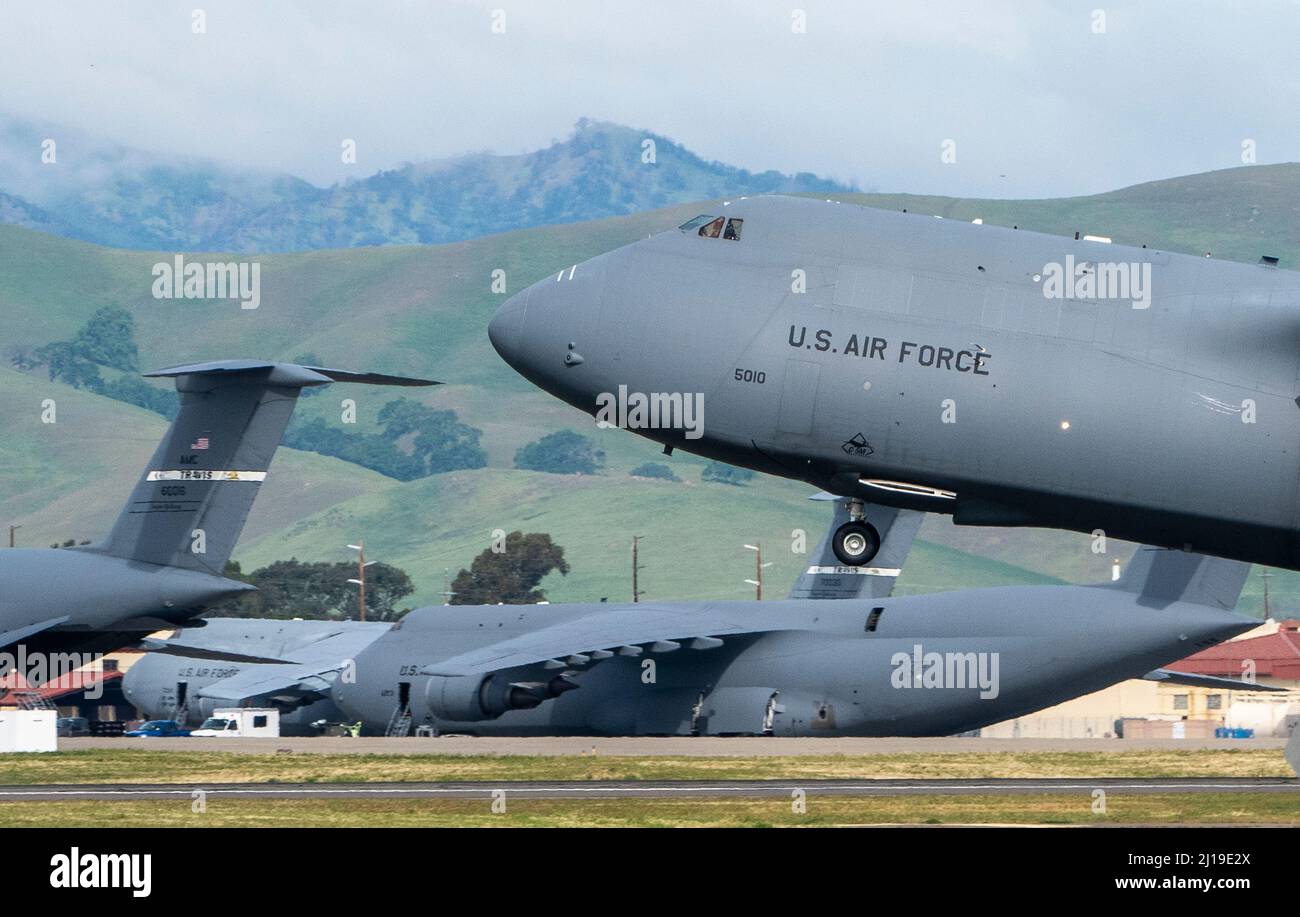 A U S Air Force C 5m Super Galaxy Takes Off From Travis Air Force Base California March 15 22 As The Air Force S Largest Strategic Airlifter The C 5m Can Carry More Cargo Farther