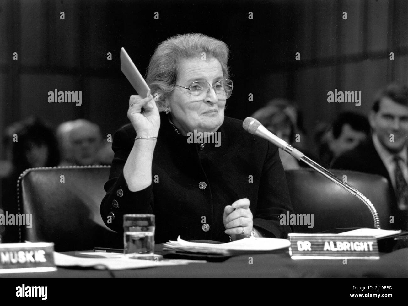 1993 , 23 january , NEW YORK , USA : The american politician MADELEINE Korbel ALBRIGHT ( Marie Jana Korbelová , 1937 - 2022 ), was an American diplomat who served as the 64th United States Secretary of State from 1997 to 2001 under President Bill Clinton . She was the first female secretary of state in U.S. history.  In this photo Madeleine Albright testifying in front of the Senate Foreign Relations Committee during her confirmation hearing to be U.S. ambassador to the United Nations ,  is holding a copy of the United Nations Charter / Jenkins .  Photo by White House Official photographer  R. Stock Photo