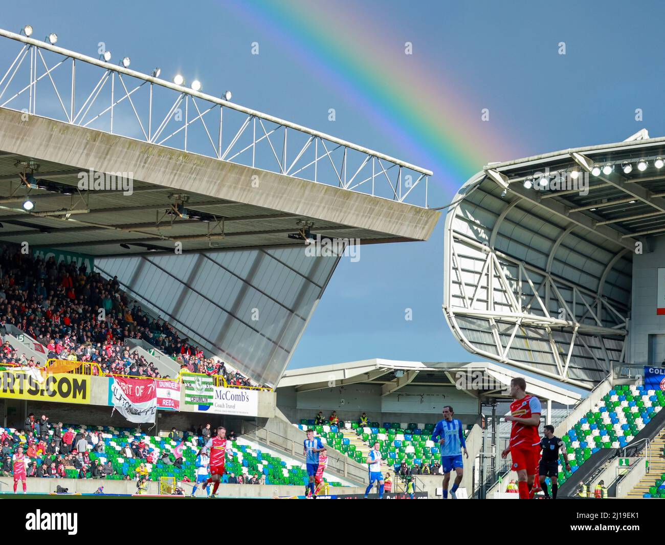 Windsor Park, Belfast, Northern Ireland, UK. 13 Mar 2022. BetMcLean League Cup Final – Cliftonville v Coleraine. Today's game between Cliftonville (red) and Coleraine is the first ever major domestic cup football final to be played on a Sunday in Northern Ireland. A rainbow over the cup final at Windsor Park Belfast.. Credit: CAZIMB/Alamy Live News. Stock Photo