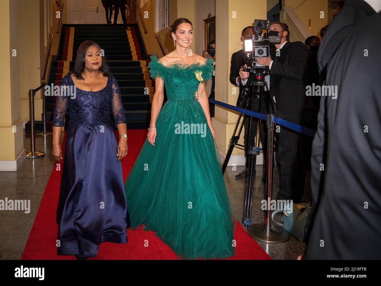 The Duchess of Cambridge, with Lady Patricia Allen (left), at the dinner hosted by Patrick Allen, Governor General of Jamaica, at King's House, Kingston, Jamaica, on day five of the royal tour of the Caribbean on behalf of the Queen to mark her Platinum Jubilee. Picture date: Wednesday March 23, 2022. Stock Photo