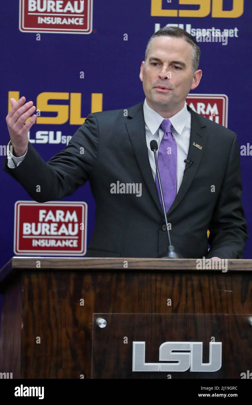 March 23, 2022 New LSU Head Basketball Coach Matt McMahon holds his