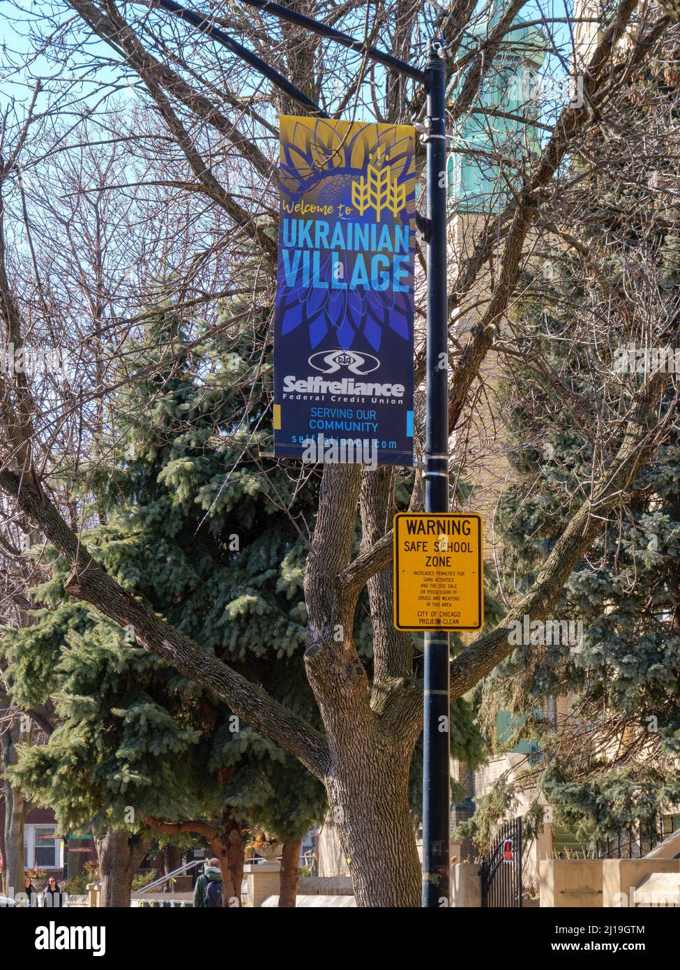 Ukrainian Village banner & safe school zone sign. Ukrainian Village neighborhood, Chicago, Illinois. Stock Photo