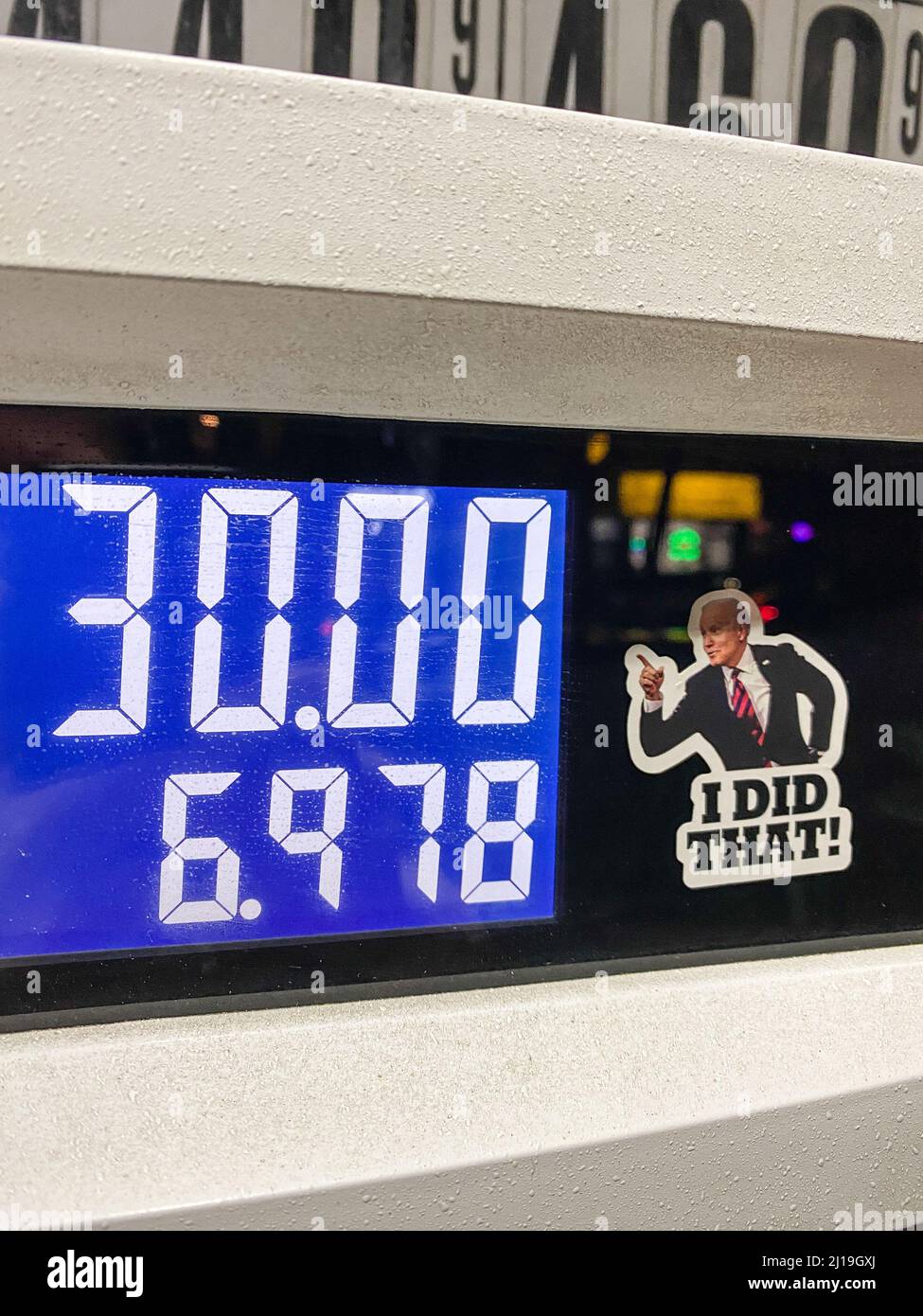 New York, USA. 19th Mar, 2022. A sticker of President Joe Biden pointing to high gas prices with the text 'I did that!' is seen on a gas pump at a gas station in Astoria, Queens, New York, NY on March 19, 2022. (Photo by TJ Roth/Sipa USA) Credit: Sipa USA/Alamy Live News Stock Photo