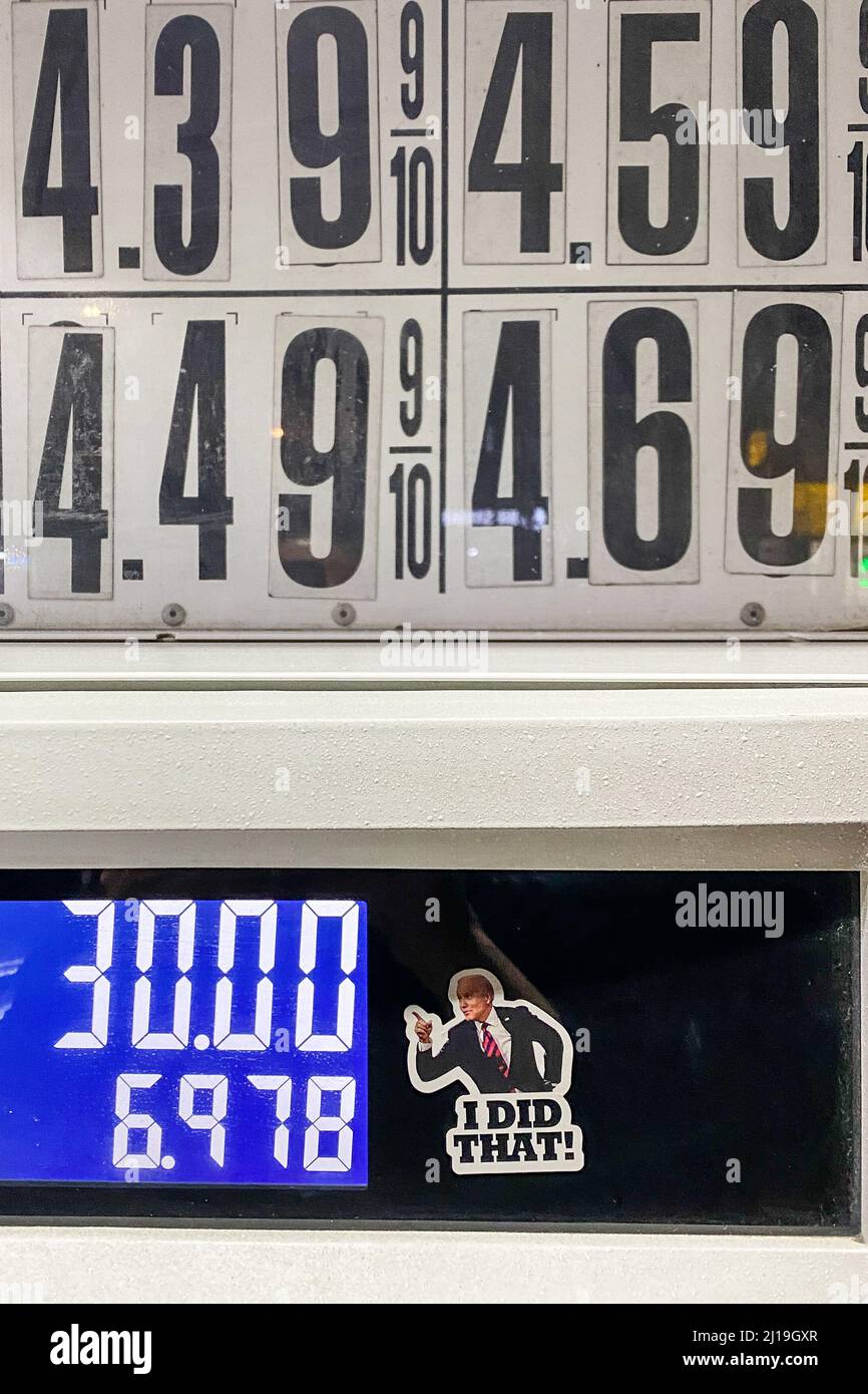 New York, USA. 19th Mar, 2022. A sticker of President Joe Biden pointing to high gas prices with the text 'I did that!' is seen on a gas pump at a gas station in Astoria, Queens, New York, NY on March 19, 2022. (Photo by TJ Roth/Sipa USA) Credit: Sipa USA/Alamy Live News Stock Photo
