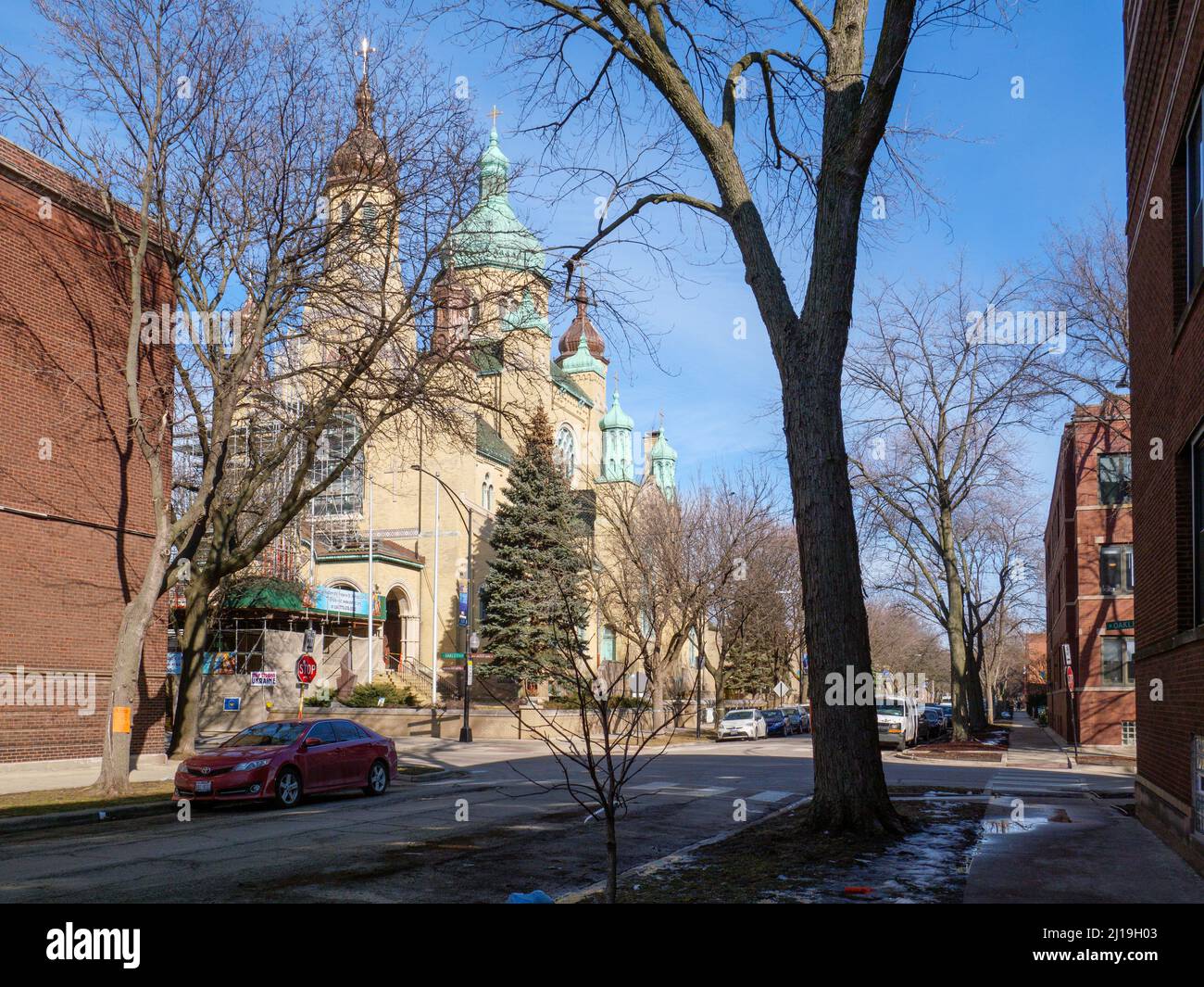 Rice Street & Saint Nicholas Ukrainian Catholic Cathedral. Ukrainian Village neighborhood, Chicago, Illinois. Stock Photo