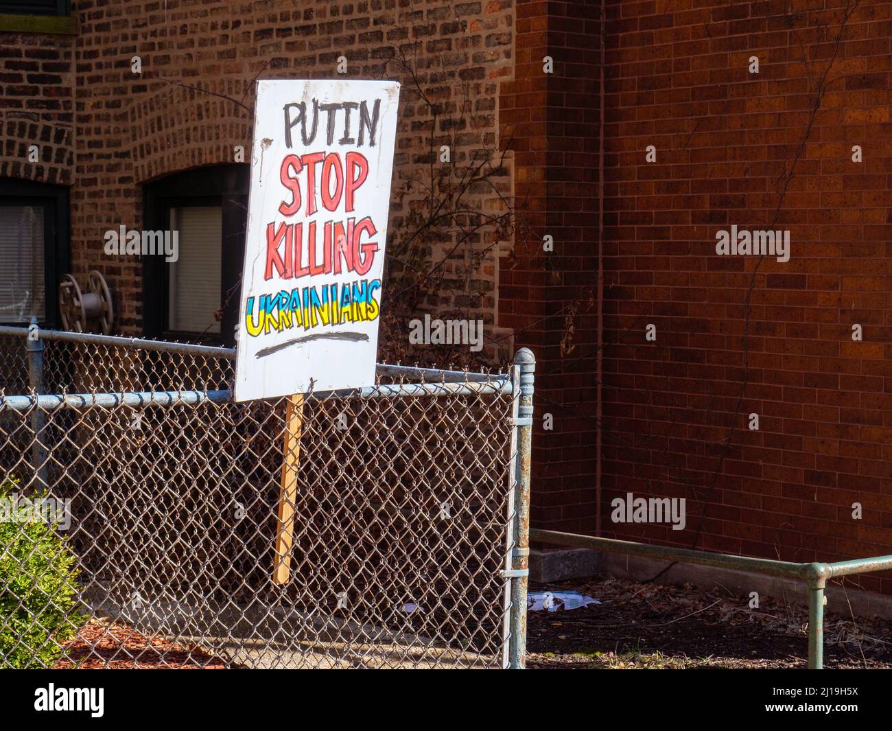 Anti Putin sign in Chicago's Ukrainian Village neighborhood. Stock Photo