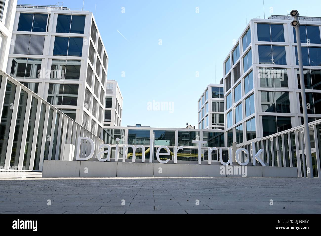 Leinfelden Echterdingen, Germany. 23rd Mar, 2022. The lettering Daimler Truck stands in front of the administration building of the truck and bus manufacturer. The manufacturer of trucks and buses, which was spun off from the then Daimler Group last year, is reporting its business figures for the past year for the first time as an independent company. Credit: Bernd Weißbrod/dpa/Alamy Live News Stock Photo