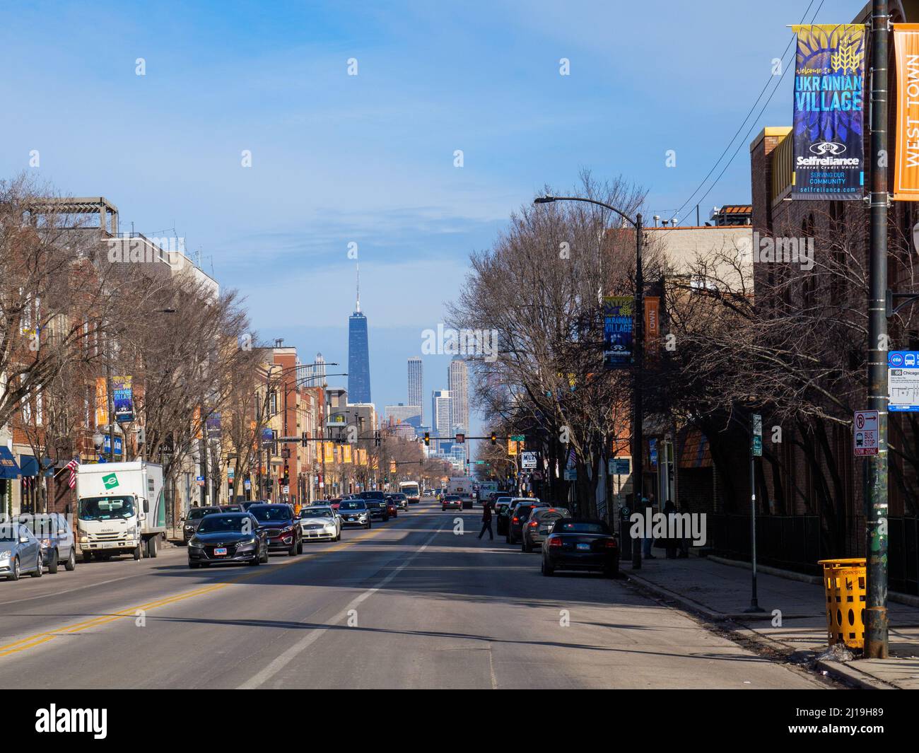 View east on Chicago Avenue from Ukrainian Village toward the River North area. Chicago, Illinois. Stock Photo