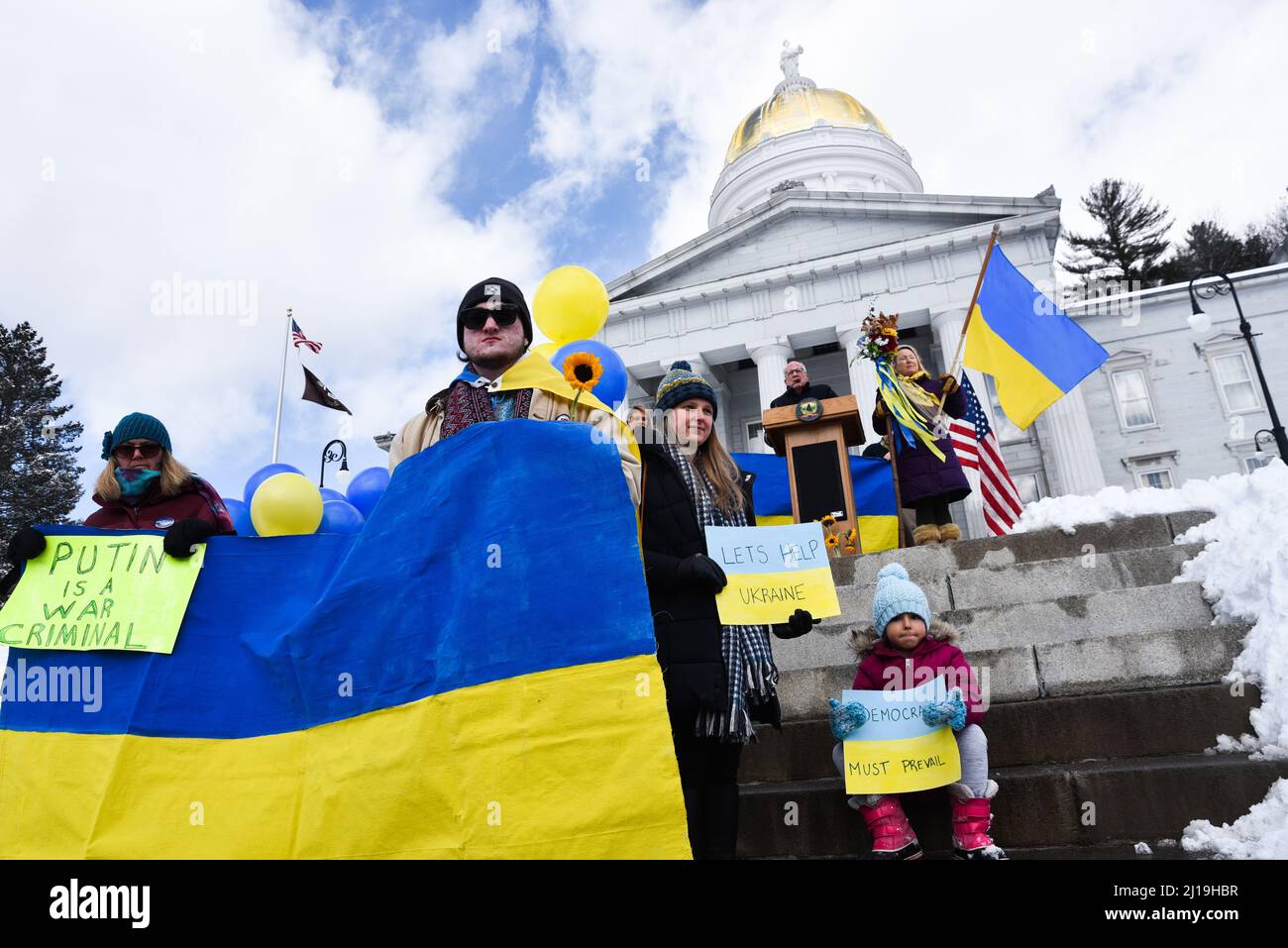 Pro-Ukraine demonstration at the Vermont State House, Montpelier, VT, USA. Stock Photo