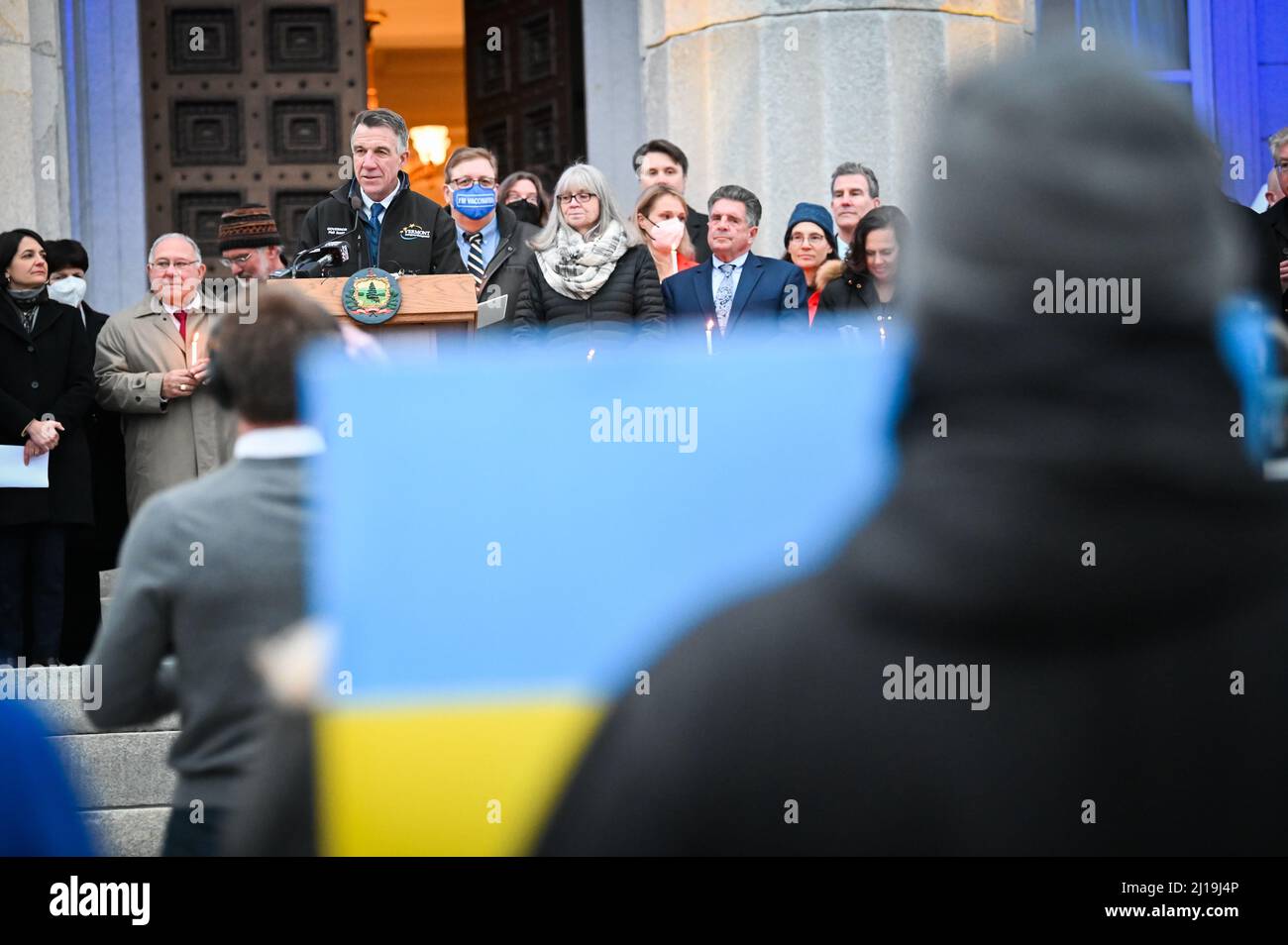 Vermont  Gov. Phil Scott speaks before signing a bill sending more than $640,000 (USD) in aid to Ukraine via Save the Children. Stock Photo