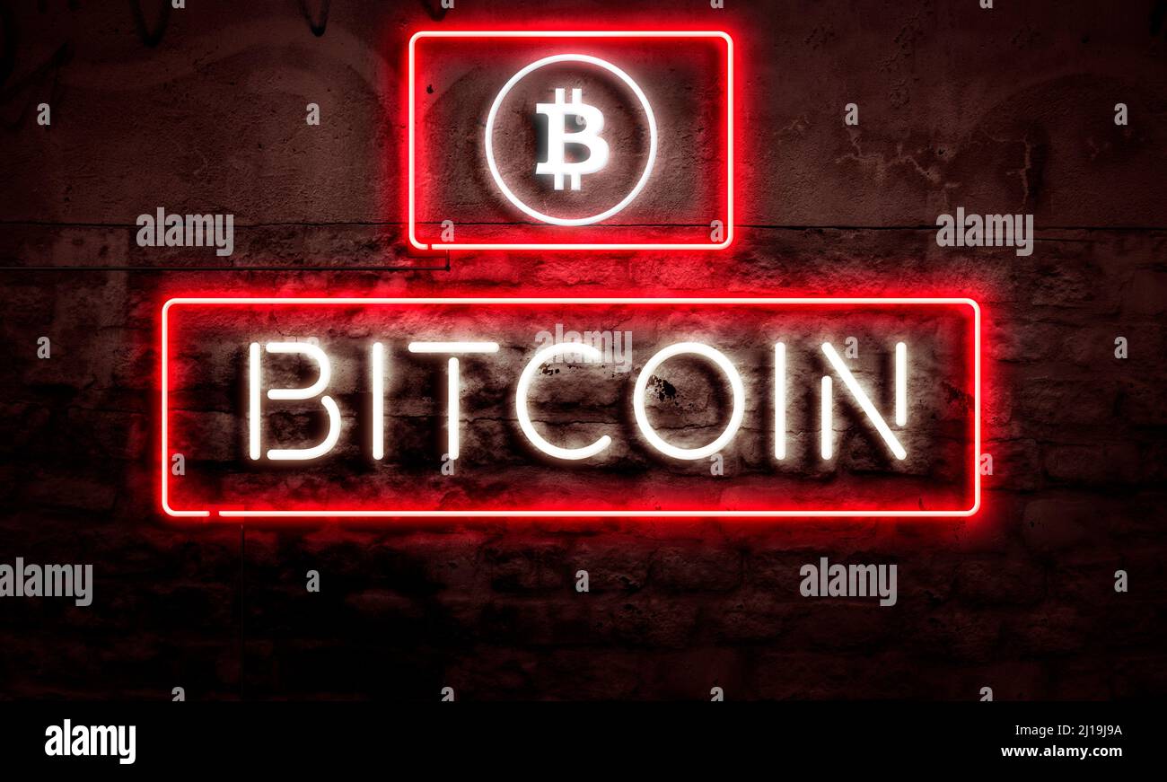 Neon Word Graphic Bitcoin Digital Currency Conceptual Art Stock Photo