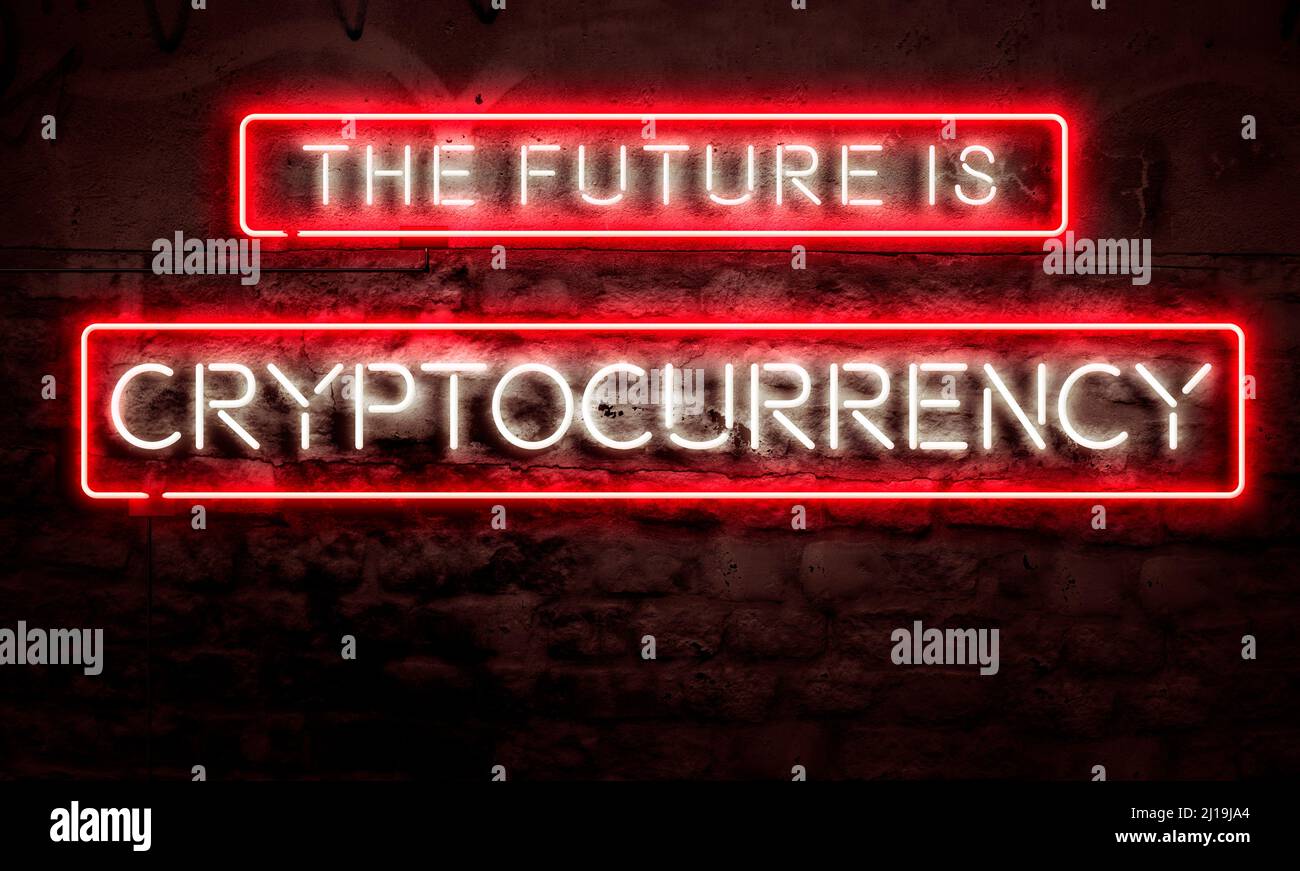 Cryptocurrency Conceptual Graphic Decentralized Digital Currency Neon Words Stock Photo