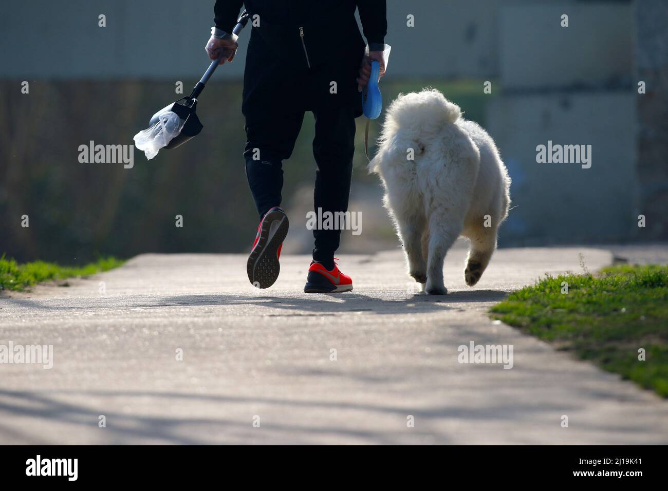 HUAI'AN, CHINA - MARCH 24, 2022 - A citizen walks his dog on a leash along the ancient Huai River in Huai 'an City, East China's Jiangsu Province, Mar Stock Photo