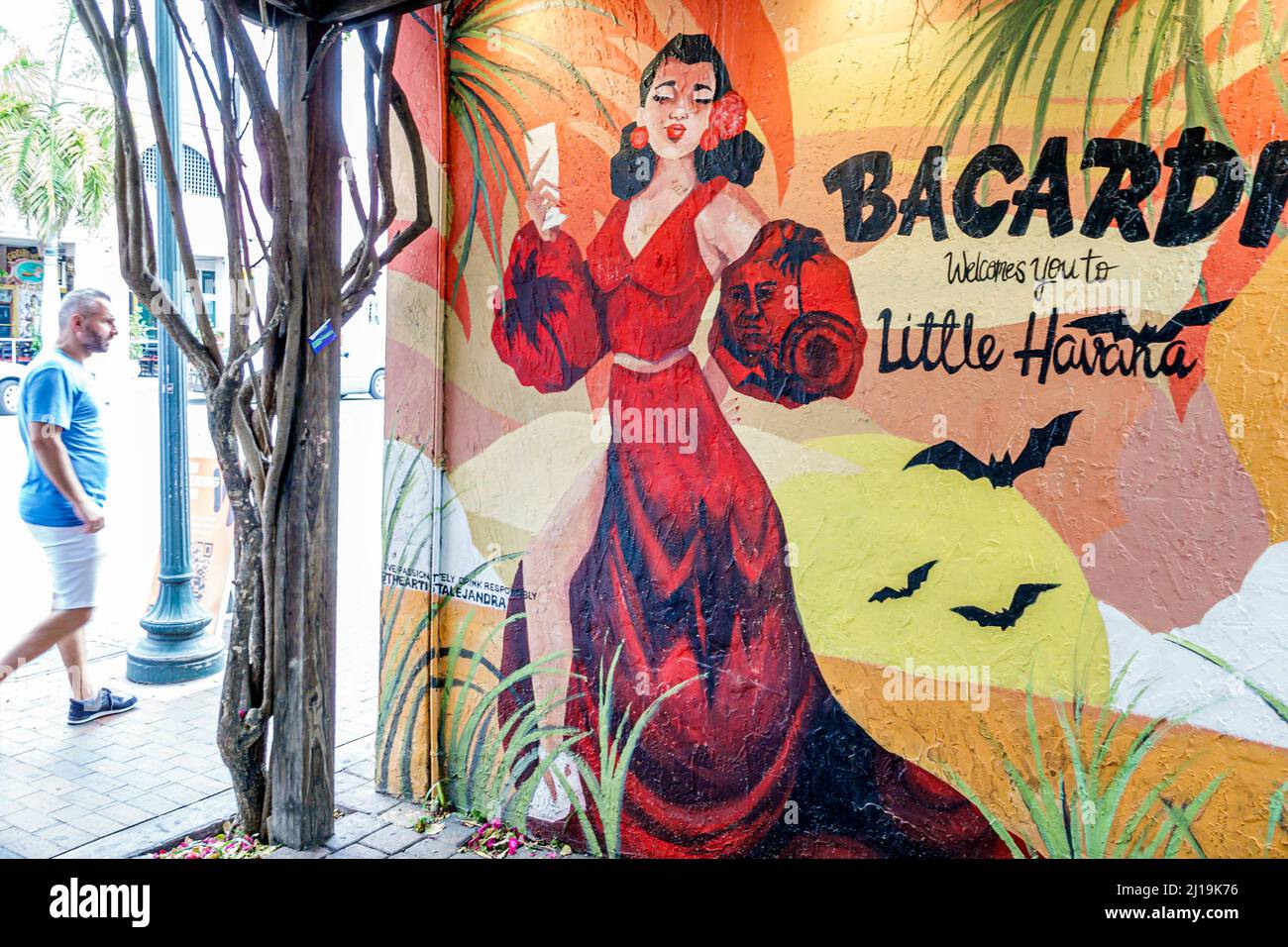 Little Havana Miami Florida Calle Ocho 8 8th Street Hispanic Cuban neighborhood historic district art artwork wall Bacardi Stock Photo