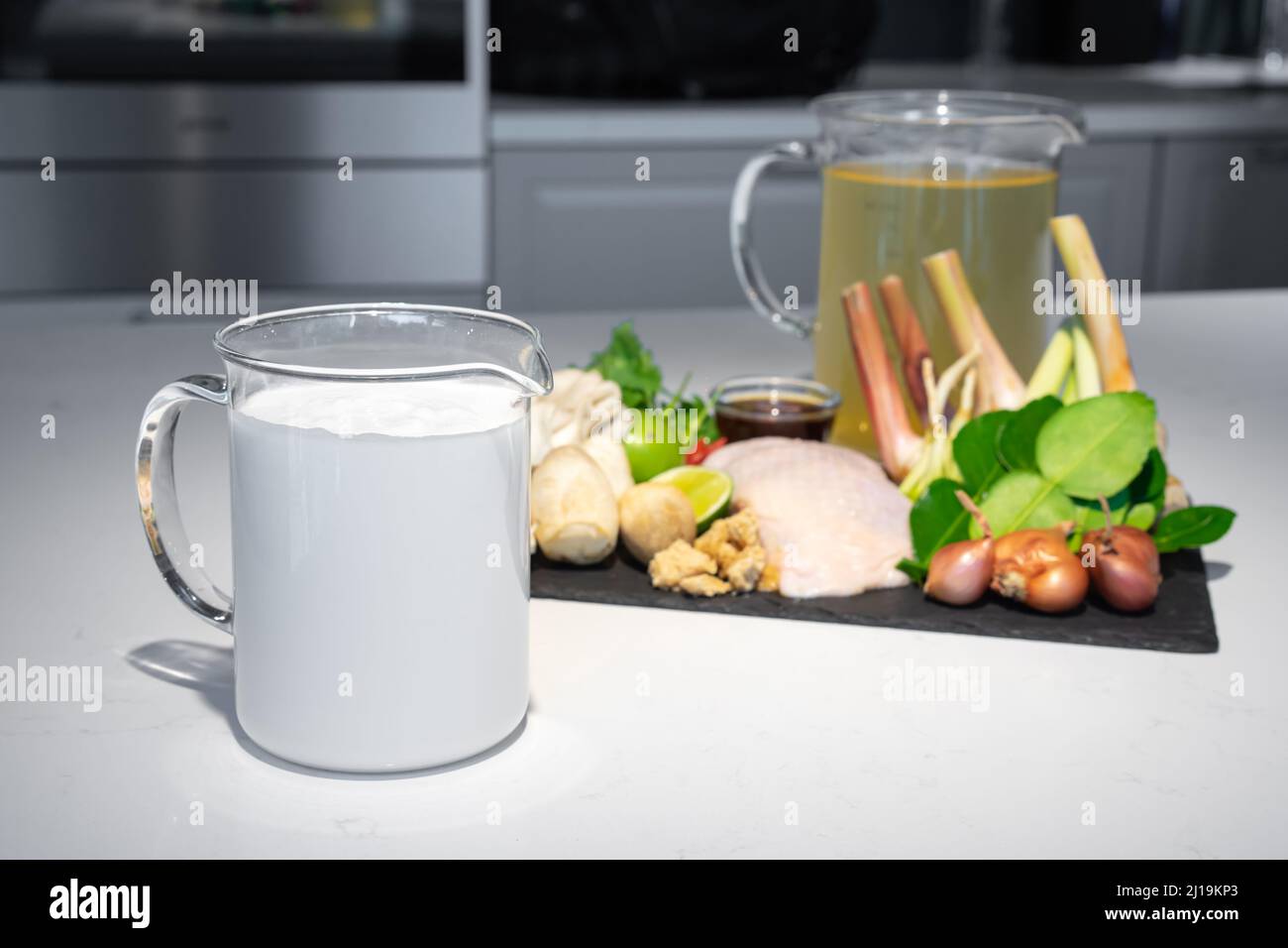 Focus on coconut cream milk, one of ingredients set for Thai food