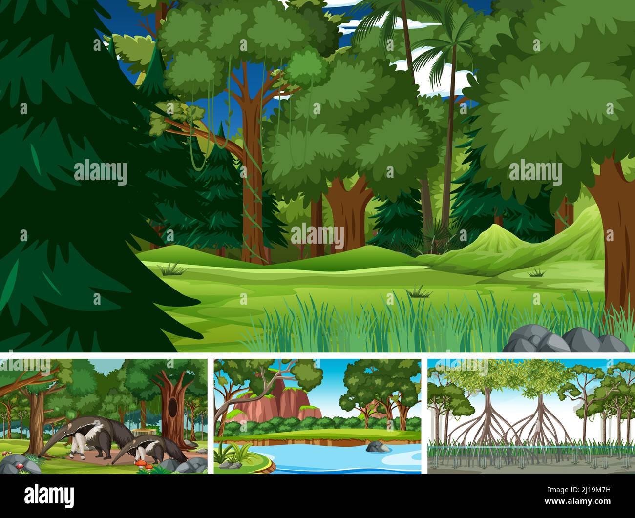 Set of nature scene with trees on mountains with Animal illustration ...