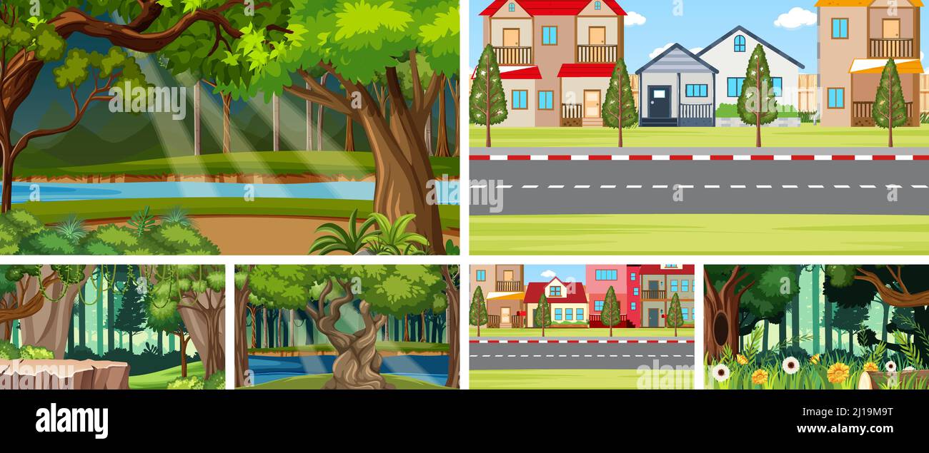 Nature scene with many trees and river illustration Stock Vector Image ...