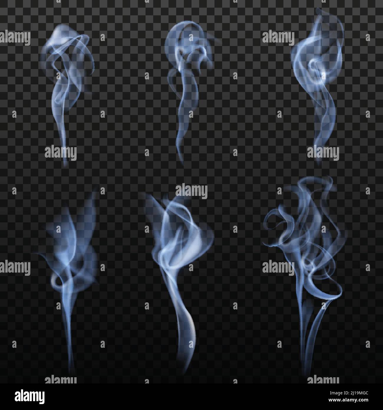 Set of isolated cigarette smoke trails realistic images with decorative blurry forms on dark transparent background vector illustration Stock Vector