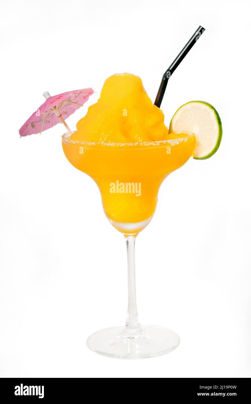 Frozen mango margarita daiquiri with lime black straw and pink umbrella