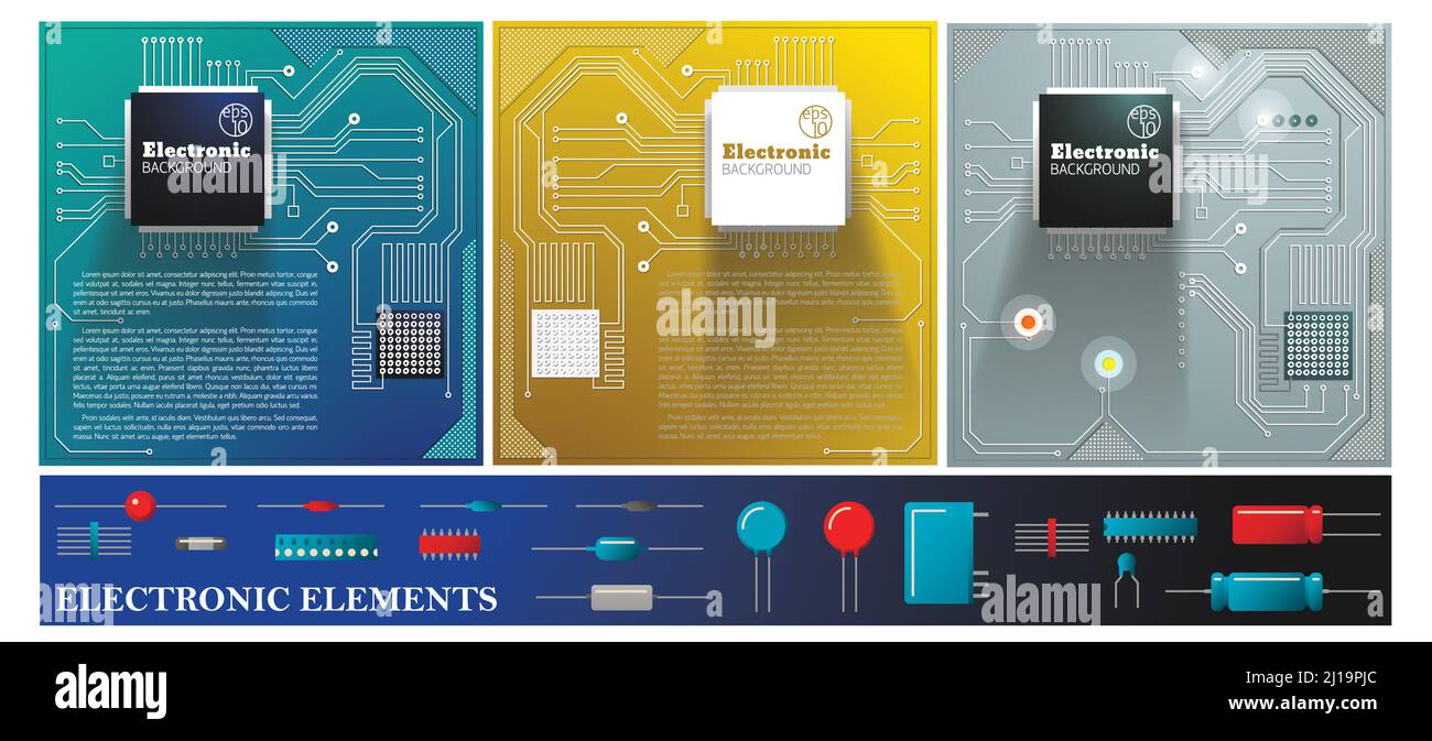Flat electronic colorful composition with electric circuit boards diodes transistors capacitors