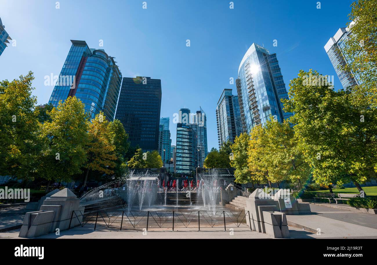 Fountain in Spray Park and SKyline with skyscrapers, Harbour Green Park, Vancouver, British