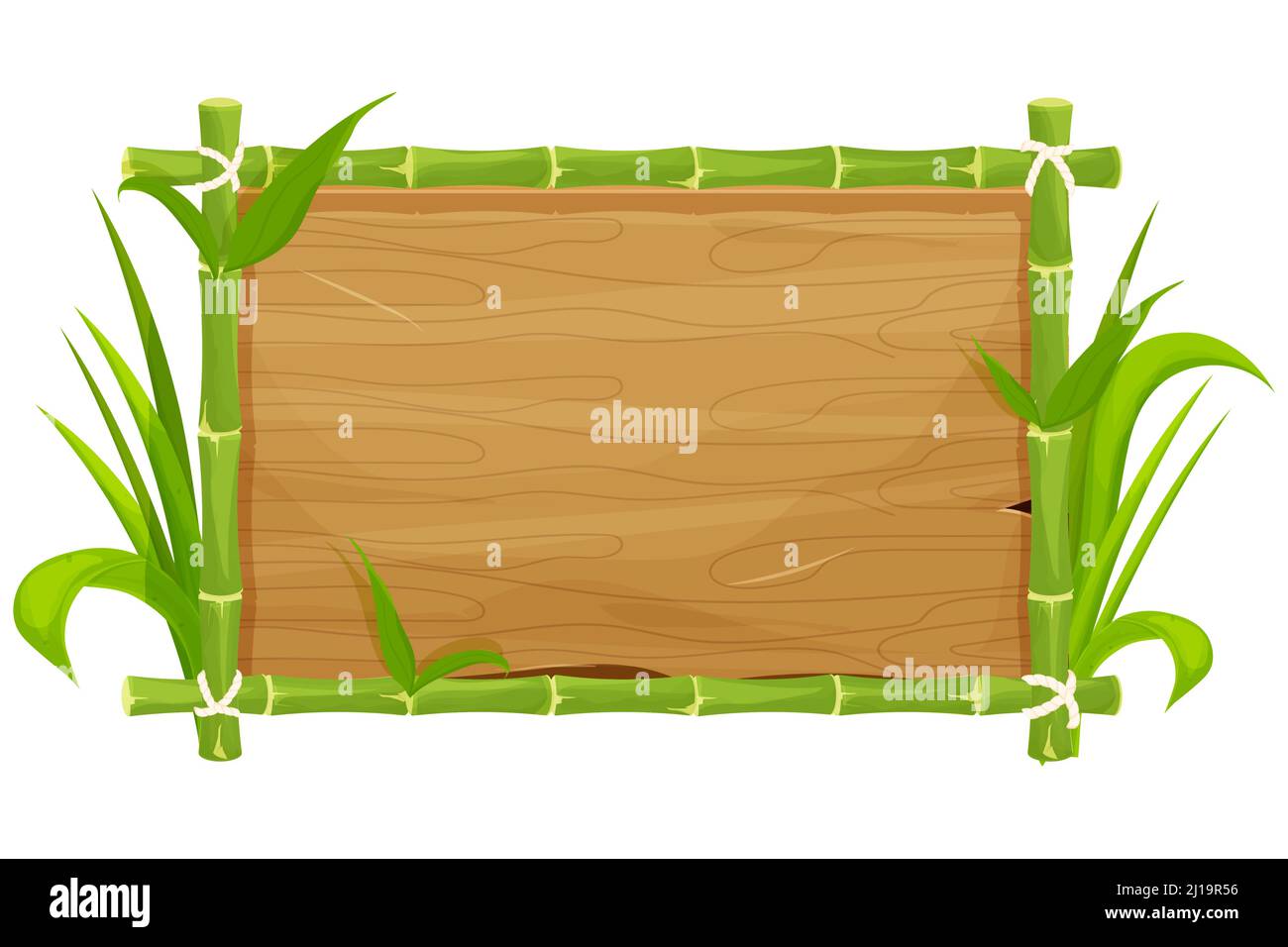 Green bamboo frame with leaves, empty wooden plank, signboard in cartoon  style isolated on white background. Asian tribal decoration, exotic element  ui game asset. Vector illustration Stock Vector Image & Art -