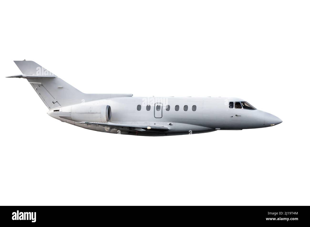 White modern private jet flies isolated on white background Stock Photo