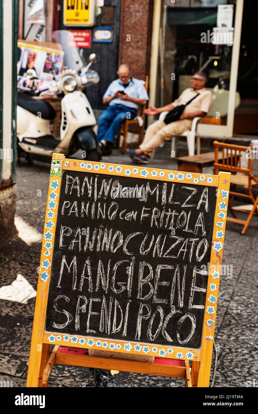 Blackboard, menu, specialities, snack, Ballaro market, oldest street market in Palermo, Albergheria district, Palermo, Sicily, Italy Stock Photo