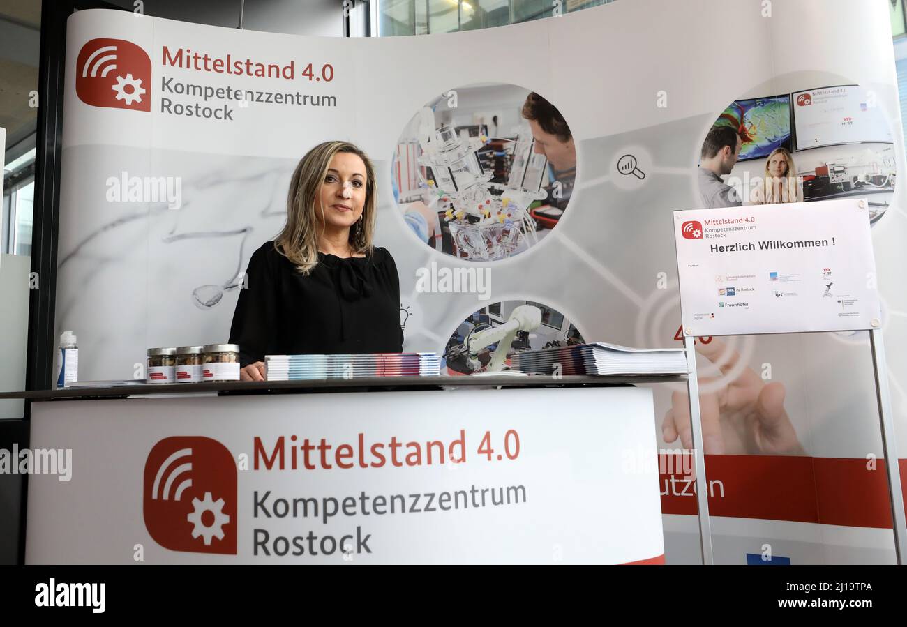 Rostock, Germany. 17th Mar, 2022. Silvia Rydlewicz, project manager, at the headquarters of the Mittelstand 4.0 Competence Center at Deutsche Med. A year ago, the Competence Center received funding of more than three million euros for two years. The center's experts accompany small and medium-sized enterprises from Mecklenburg-Vorpommern, such as medical practices, tourist facilities or production companies, in all areas of digitization. Credit: Bernd Wüstneck/dpa-Zentralbild/dpa/Alamy Live News Stock Photo