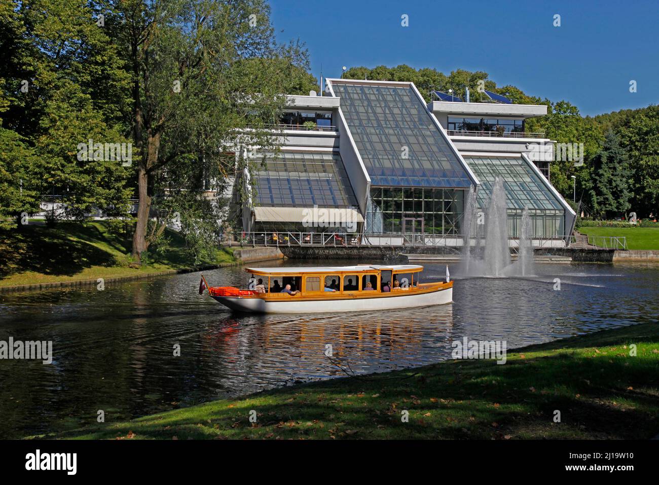 Boat, City Canal, Bastejkalns Park, Rigas Brivostas parvalde, Freeport of Riga Authority, Riga, Latvia, Baltics Stock Photo