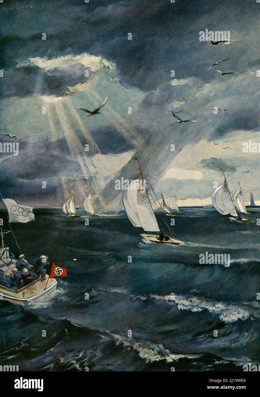 Sailing, The Storm Regatta of the 6 m R Class at the Sailing Competitions of the XI Olympiad on the Kiel Fjord, Painting Stock Photo