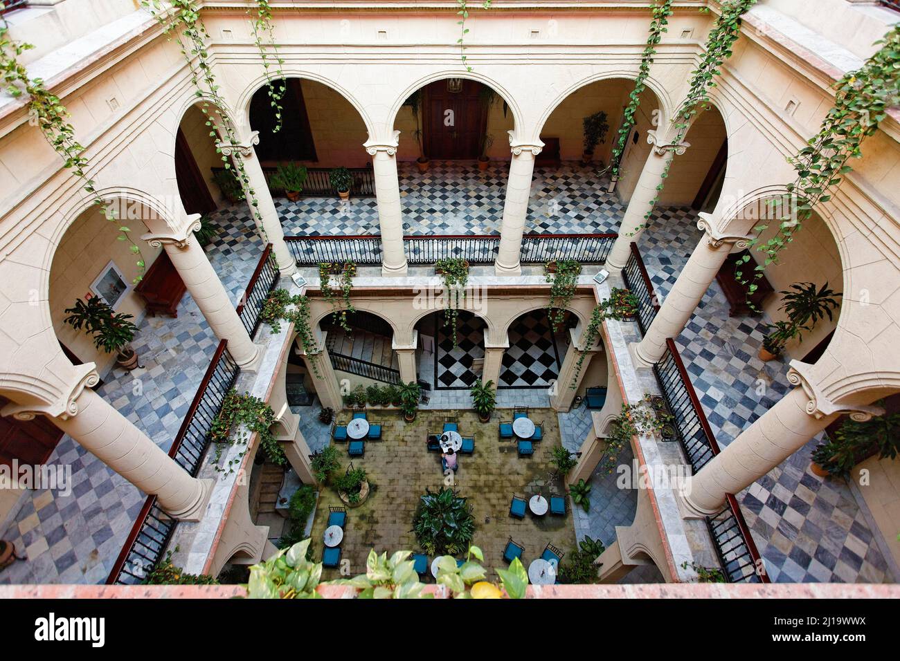 Atrium with lobby, hall, Hotel Palacio Ofarill, 4JRWRJ7, Havana 10100, 159 Cuba, Caribbean Stock Photo