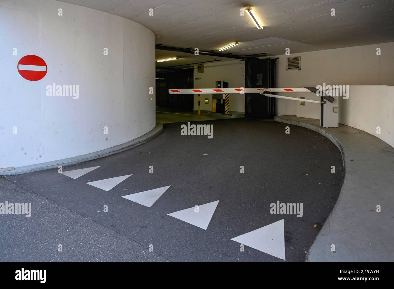 Car park exit, closed barrier Stock Photo