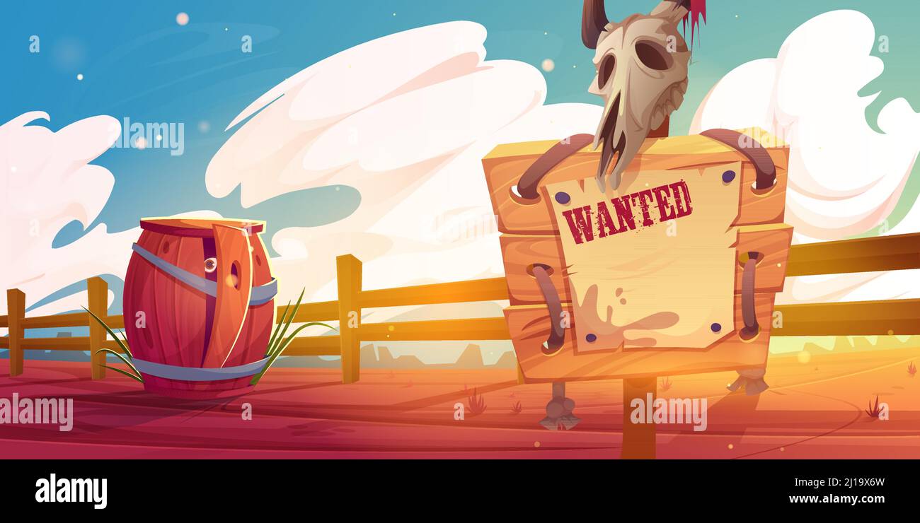 Cartoon western scene with wanted sign and wooden barrel with eye inside at wild west desert landscape with ranch or farm fence. Board with animal skull, and hidden character, Vector illustration Stock Vector