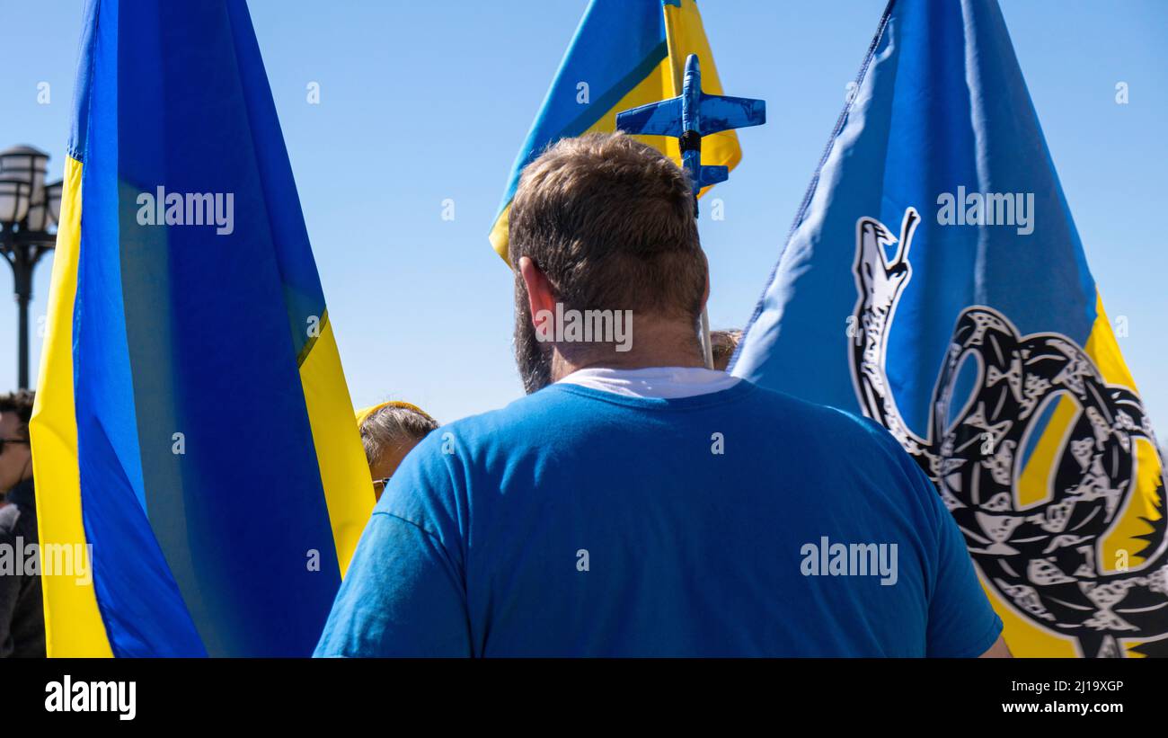 Bearded man standing between Ukraine, Don't Tread On Me flags at rally Stock Photo