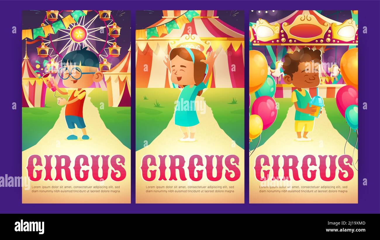 Circus cartoon ads posters, invitation to amusement park. Happy kids holding cocktail and flapper at night funfair with merry-go-round carousel, big top tent and ferris wheel Vector illustration Stock Vector