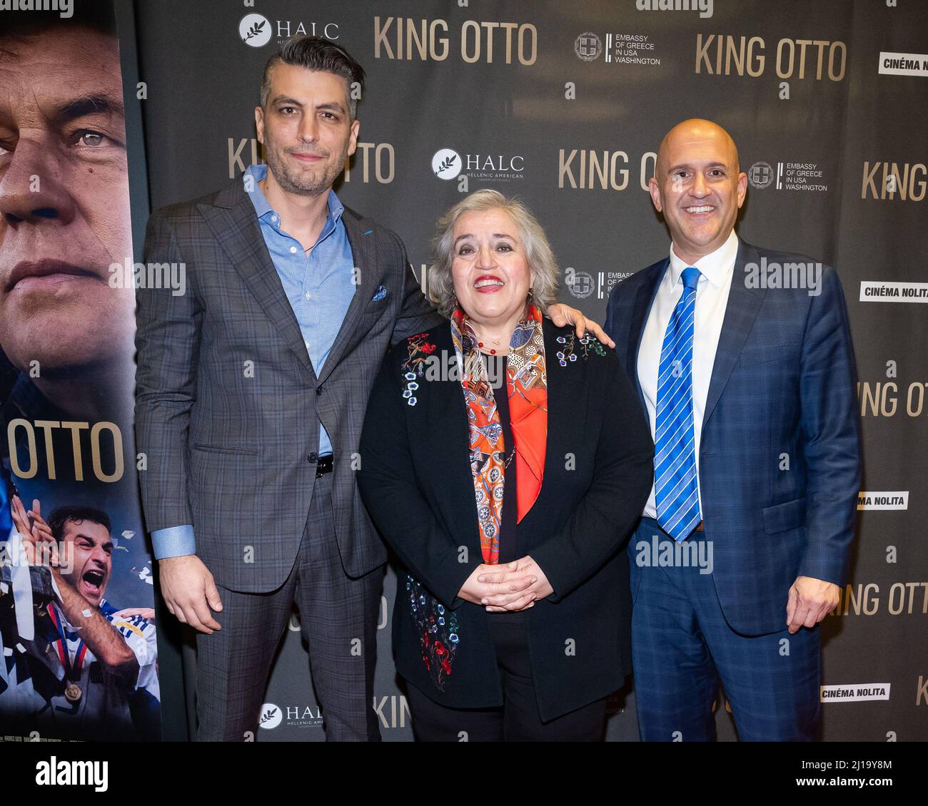 New York, USA. 23rd Mar, 2022. (L-R) Taso Pardalis, Ambassador of Greece to the U.S.A. Alexandra Papadopoulou, and Endy Zemenides attend the premiere of “King Otto” at the Museum of Modern Art in New York, New York, on Mar. 23, 2022. (Photo by Gabriele Holtermann/Sipa USA) Credit: Sipa USA/Alamy Live News Stock Photo