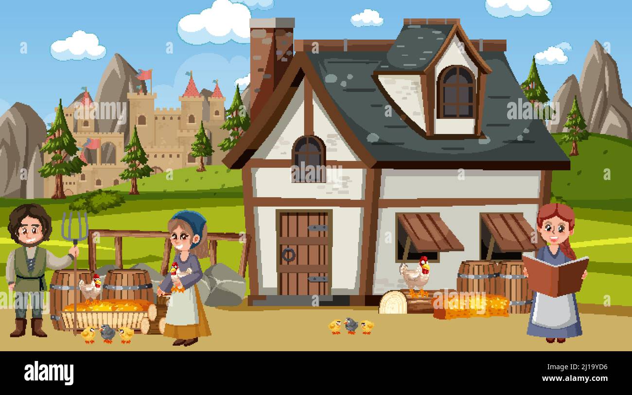 Medieval town scene with villagers illustration Stock Vector Image ...