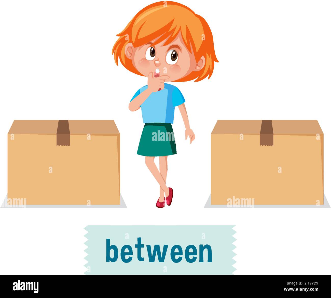 Preposition of place with cartoon girl and a box illustration Stock Vector  Image & Art - Alamy