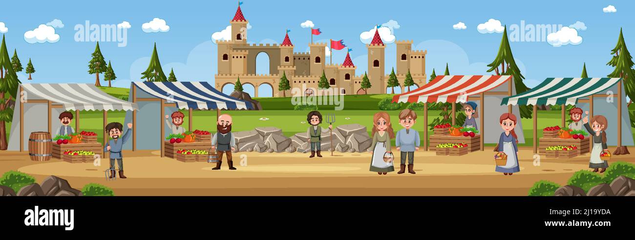 Medieval town scene with villagers at the market illustration Stock ...