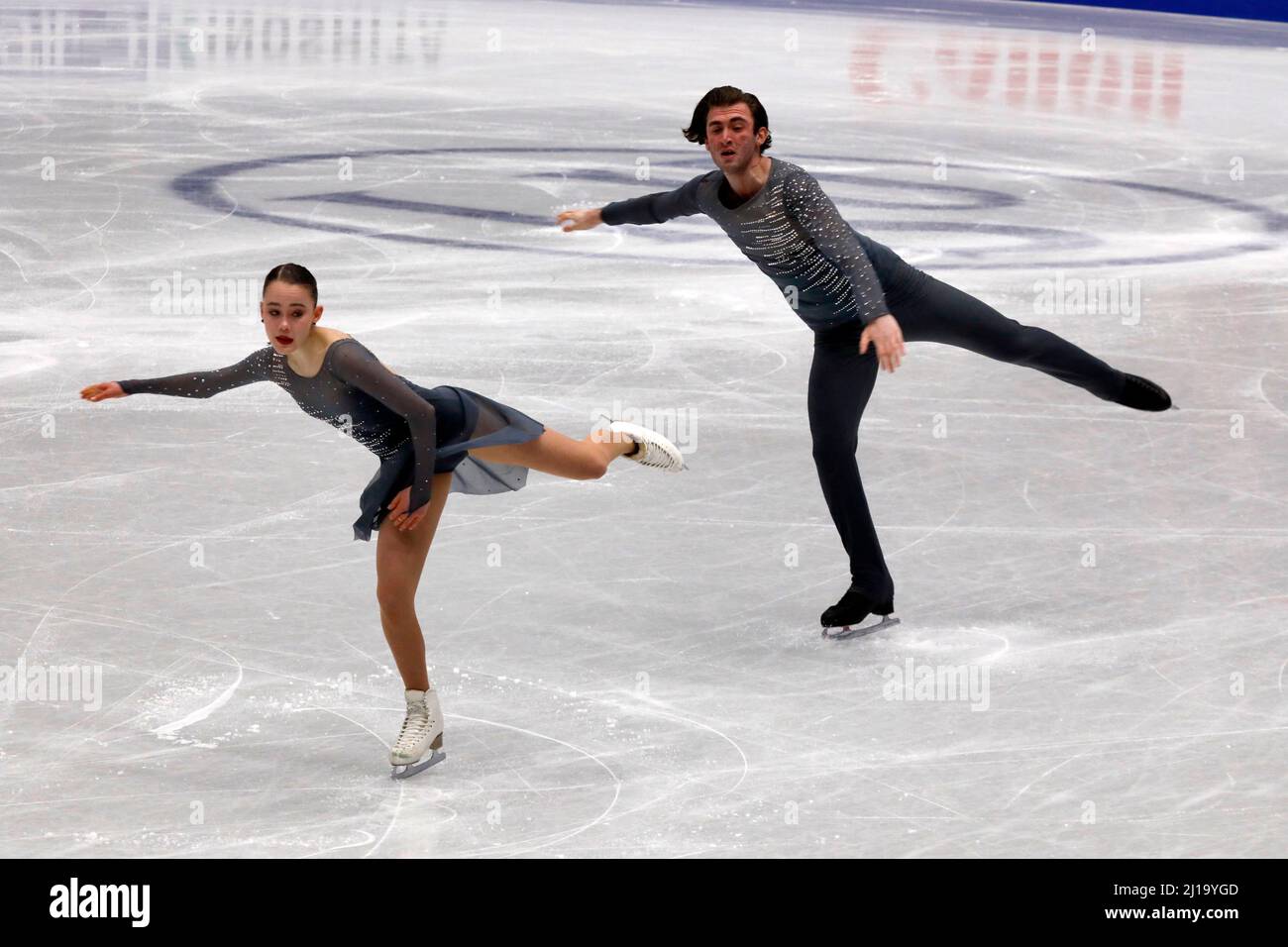 Georgia's Karina Safina and Georgia's Luka Berulava perform during the  pairs's short program event at the ISU World Figure Skating Championships  in Montpellier, southern France, on March 23, 2022. Photo by Patrick