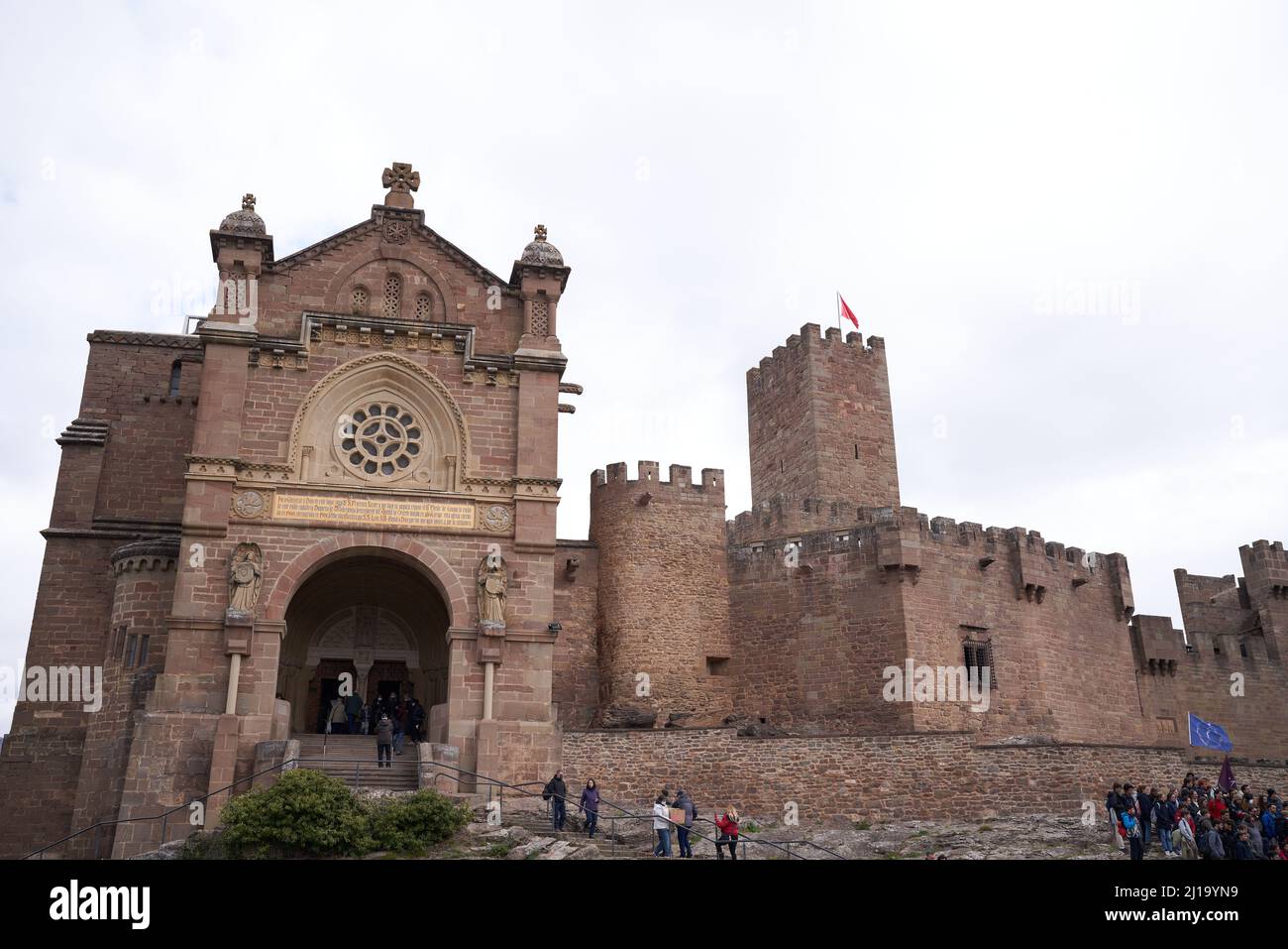 Sanguesa, Navarra Spain march 6 2022, castle and the attached basilica of Javier Stock Photo