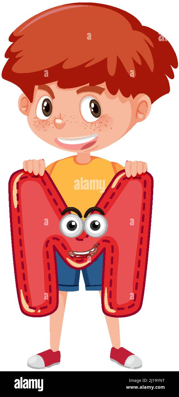 A boy holding alphabet letter on white background illustration Stock ...