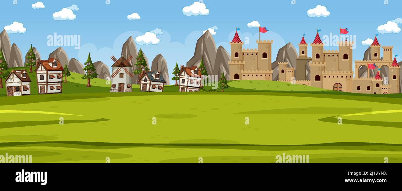 Landscape scene with medieval town illustration Stock Vector Image ...