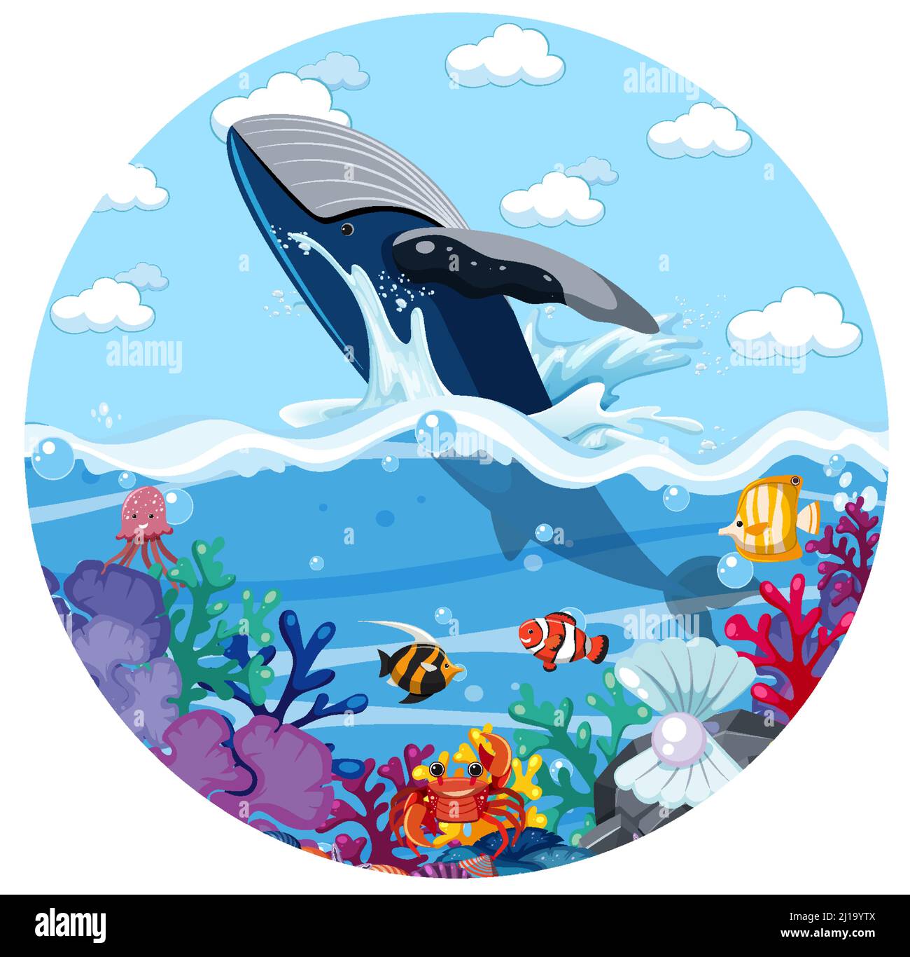 A water splash scene with whale on white background illustration Stock ...