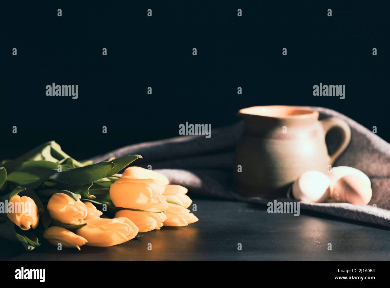Beautiful Easter still life with fresh tulips and painted eggs Stock ...