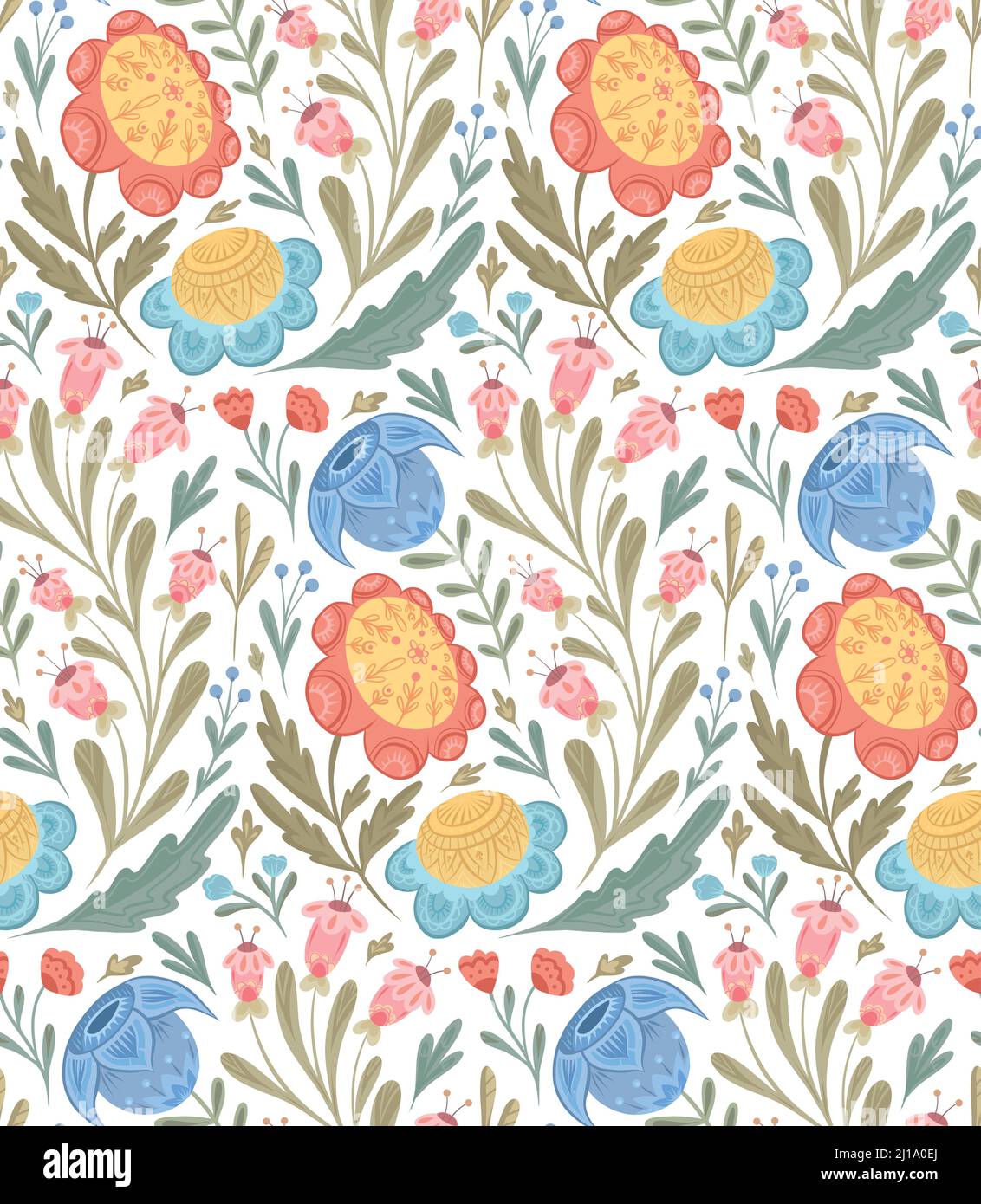 Seamless pattern with flowers with folk arts on white background ...