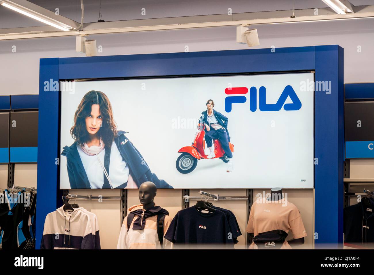Tyumen, Russia-March 10, 2022: Fila logo store. Fila is an Italian