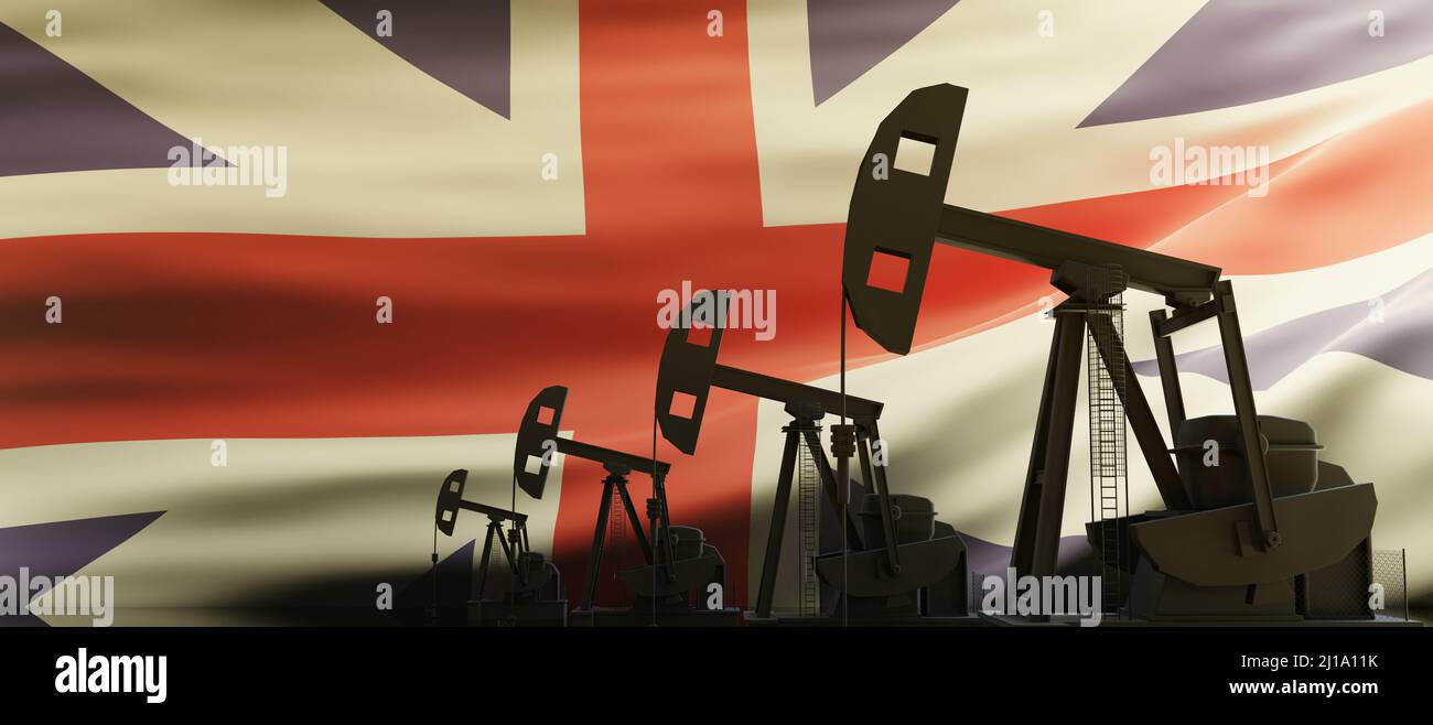 Oil and gas production in UK. Pumpjack drilling on United Kingdom flag background. Petroleum fuel industry in the country. 3d render Stock Photo